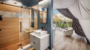 A modern bathroom with a glass shower enclosure, a white sink, and a large mirror. - Luxury Dome - Spa Shower - Panoramic Views (Spring Branch)