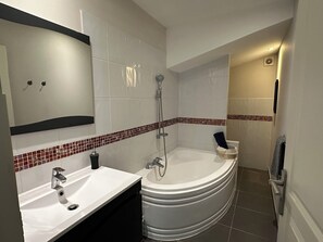 Hair dryer, towels, soap, toilet paper