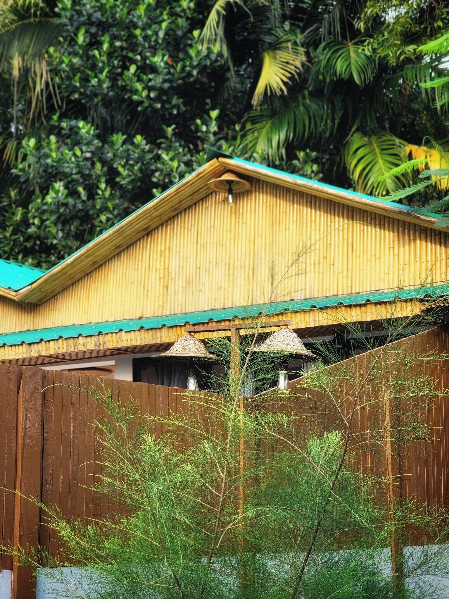Estructura de bambú con techo verde, rodeada de exuberante follaje.