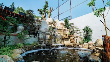 A landscaped garden with a small waterfall, rocks, and various plants.