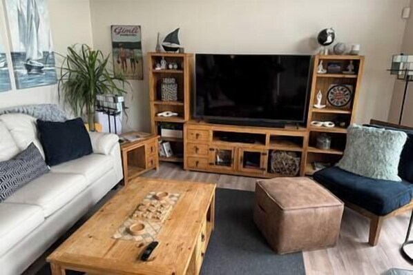 Smart-tv, eldstad, dvd-spelare och böcker