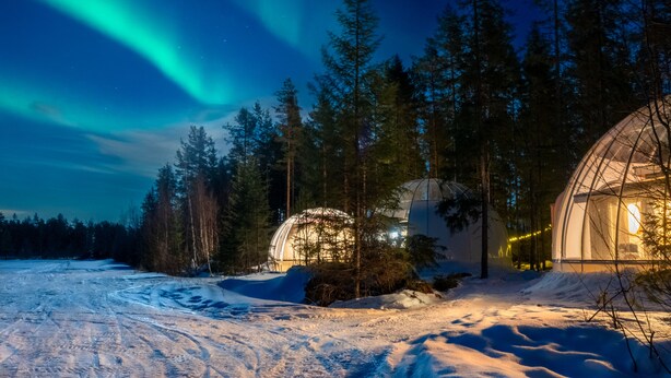 A snow-covered landscape with two dome-shaped structures, likely cabins, surrounded by trees and a clear night sky. - Ice and light village (Luleå)