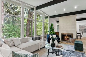 Smart TV, fireplace, foosball, table tennis