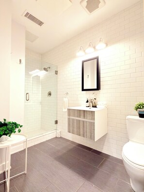 Shower, hair dryer, towels, shampoo