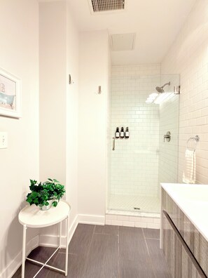 Shower, hair dryer, towels, shampoo