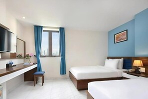 Desk, laptop workspace, free WiFi, bed sheets