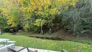 Un espace extérieur aménagé avec deux chaises de couleur foncée et une table de pique-nique, entouré d’une pelouse verdoyante et d’arbres aux feuilles d’automne.