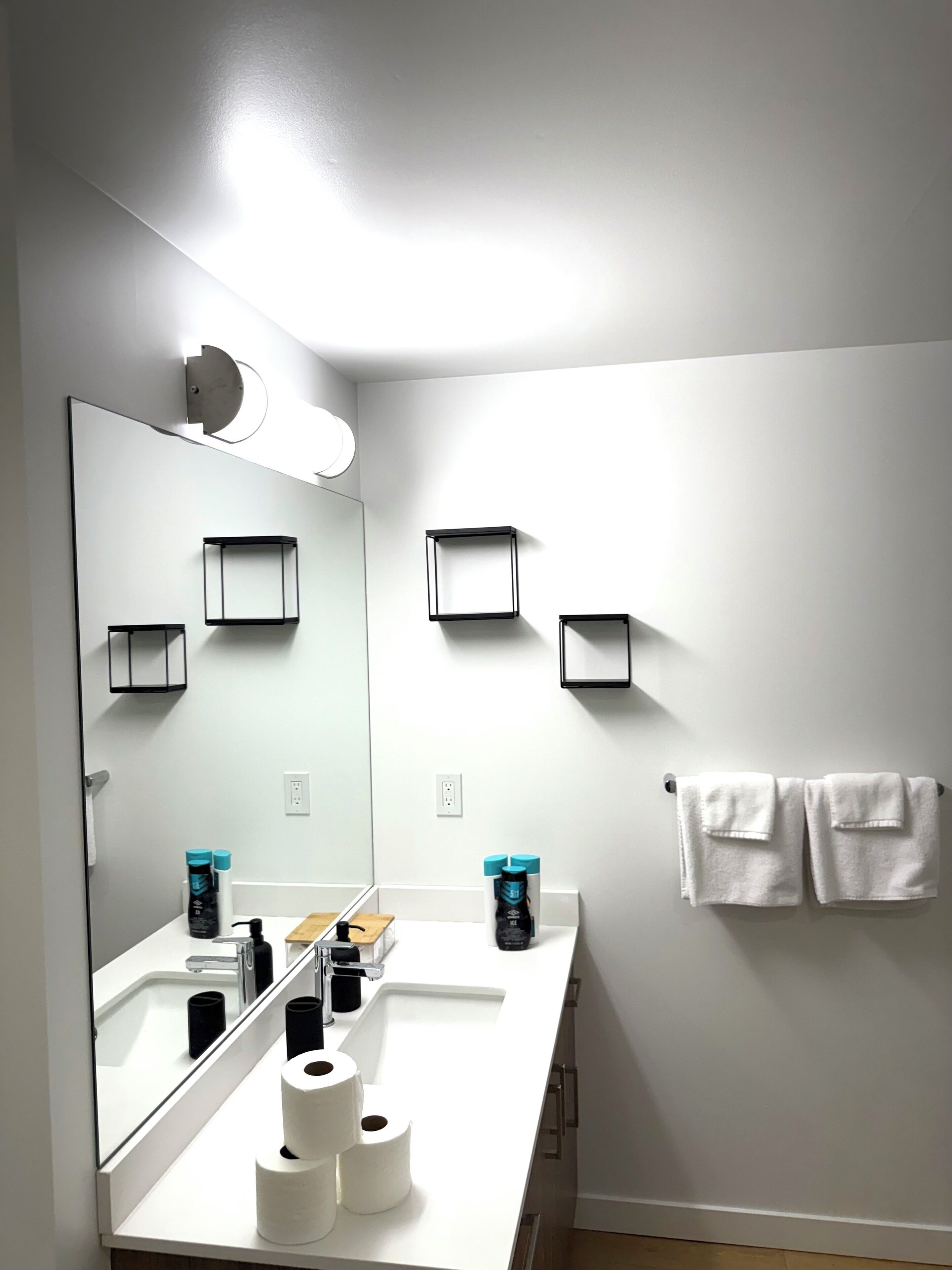 Hair dryer, towels, soap, toilet paper