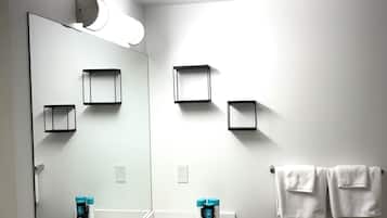 Hair dryer, towels, soap, toilet paper