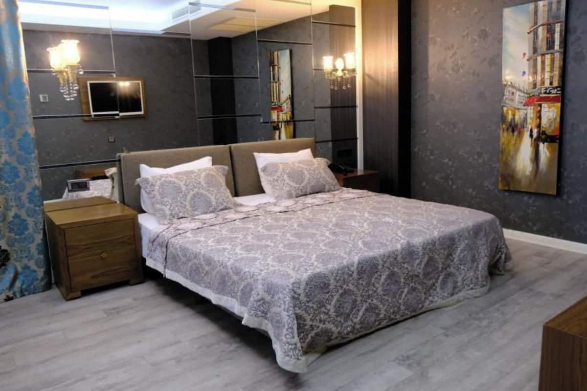 Een moderne slaapkamer met een groot bed, een nachtkastje, een spiegel en een schilderij aan de muur.
