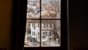 A window view of a residential area with multiple buildings, a street, and bare trees. - Thea Hotel  (Prizren)