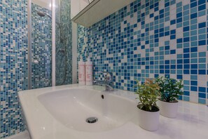 Shower, hair dryer, bidet, towels