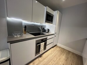 Apartamento Confort, 1 habitación, no fumadores, Se admiten mascotas | Cocina privada | Frigorífico grande, microondas, horno y placa de cocina