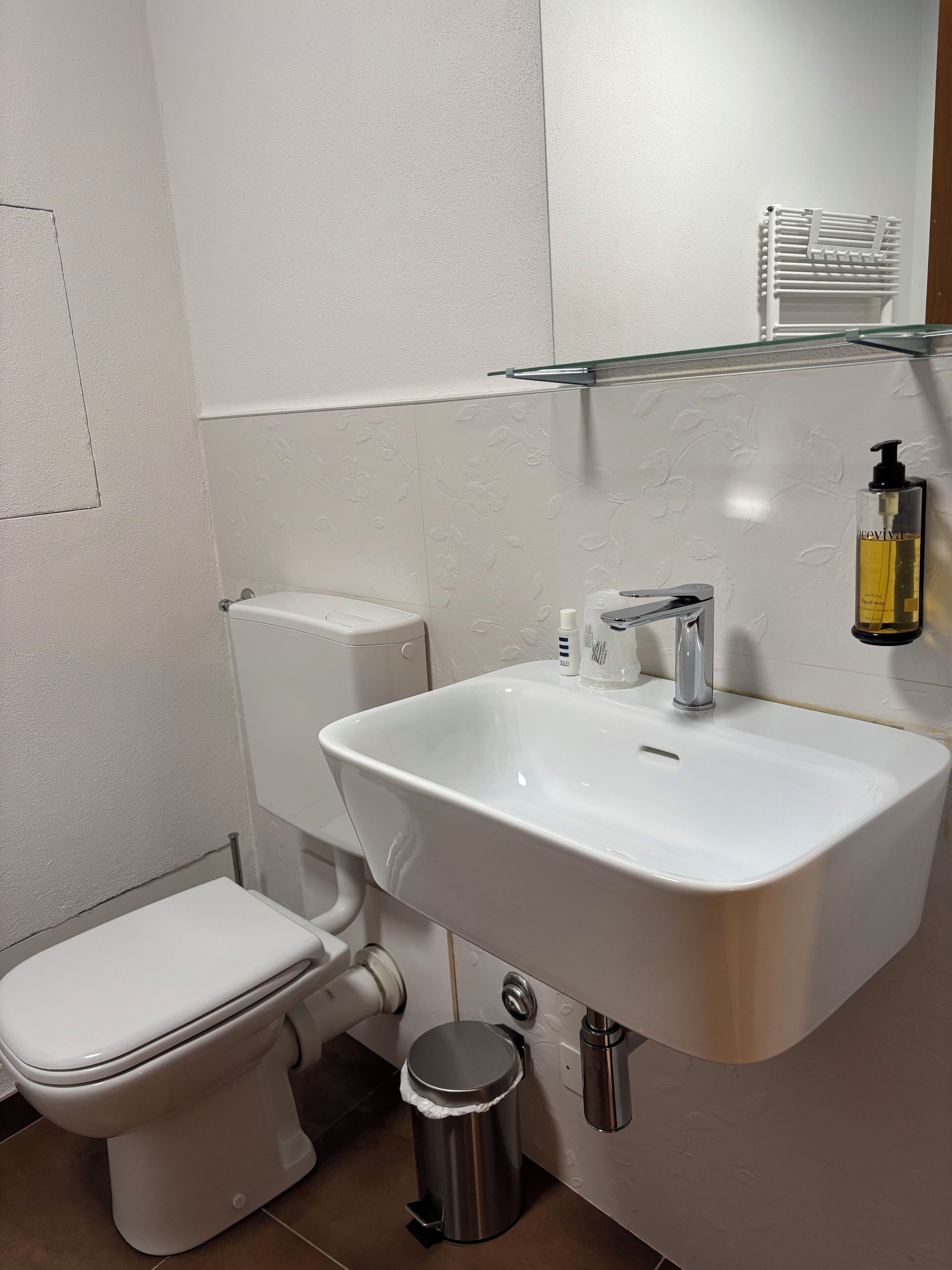 A bathroom with a white toilet, a white sink with a glass shelf above it, and a trash can.