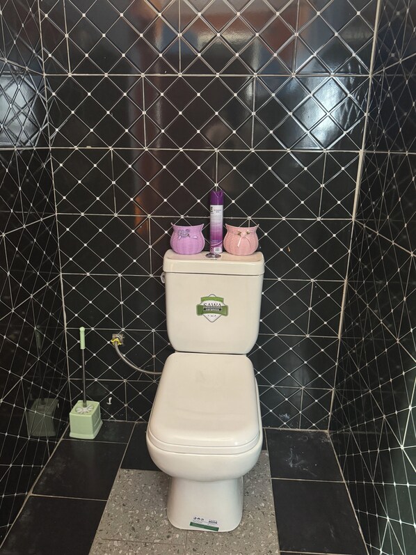 Shower, slippers, soap, toilet paper