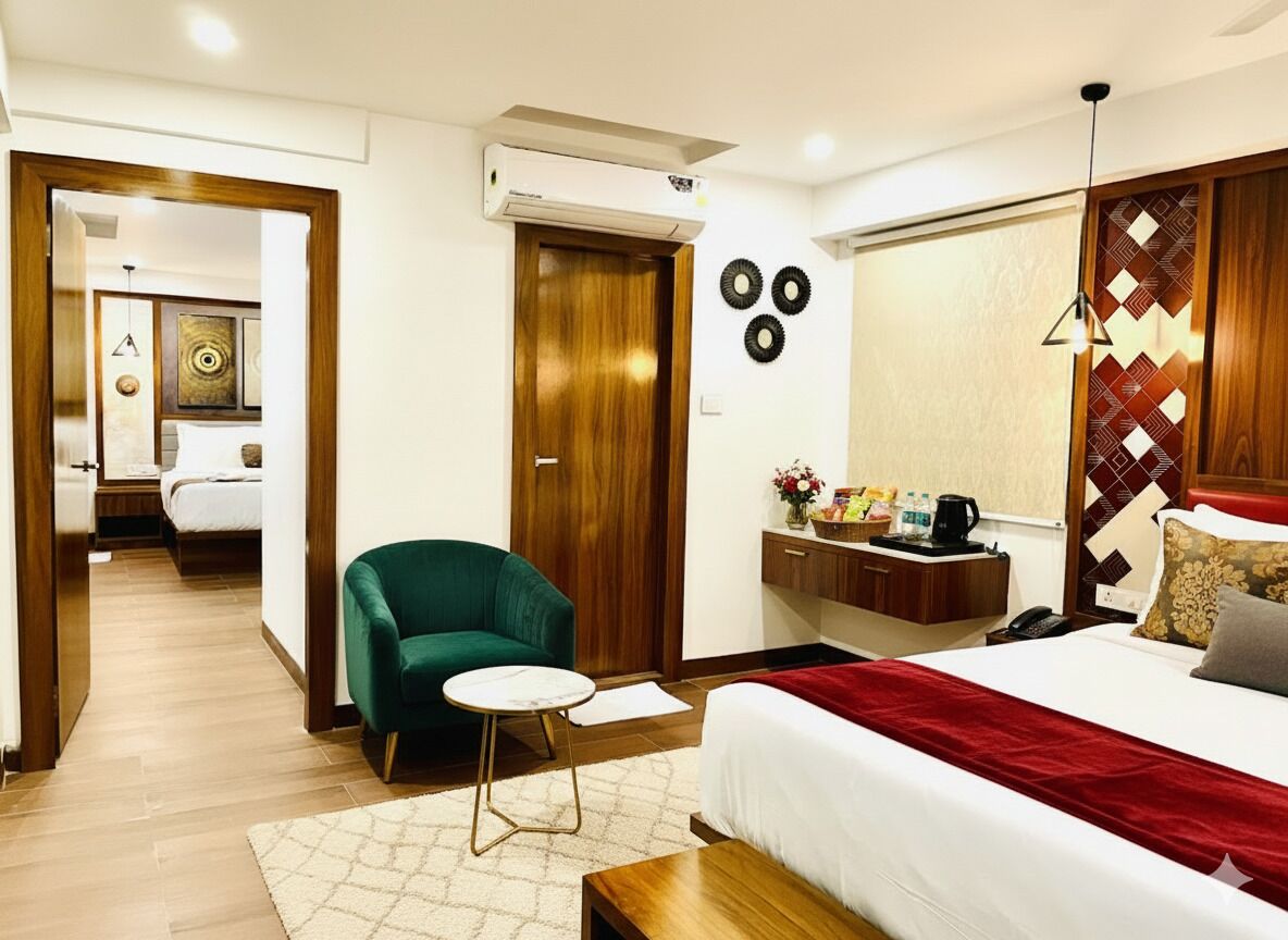 Camera d'albergo con un letto, una poltrona verde, un tavolino, un comodino e una mensola a muro con articoli da toilette.