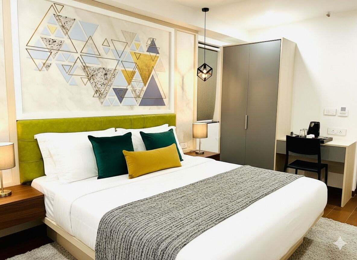Une chambre d’hôtel avec un lit, un bureau et une armoire.