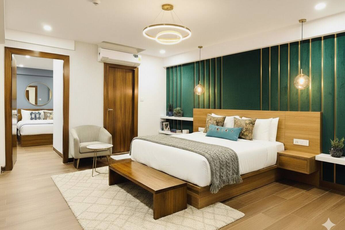 A modern bedroom with a wooden bed, bedside tables, a chair, and a large mirror.