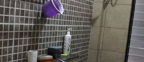 Shower, towels, soap, shampoo