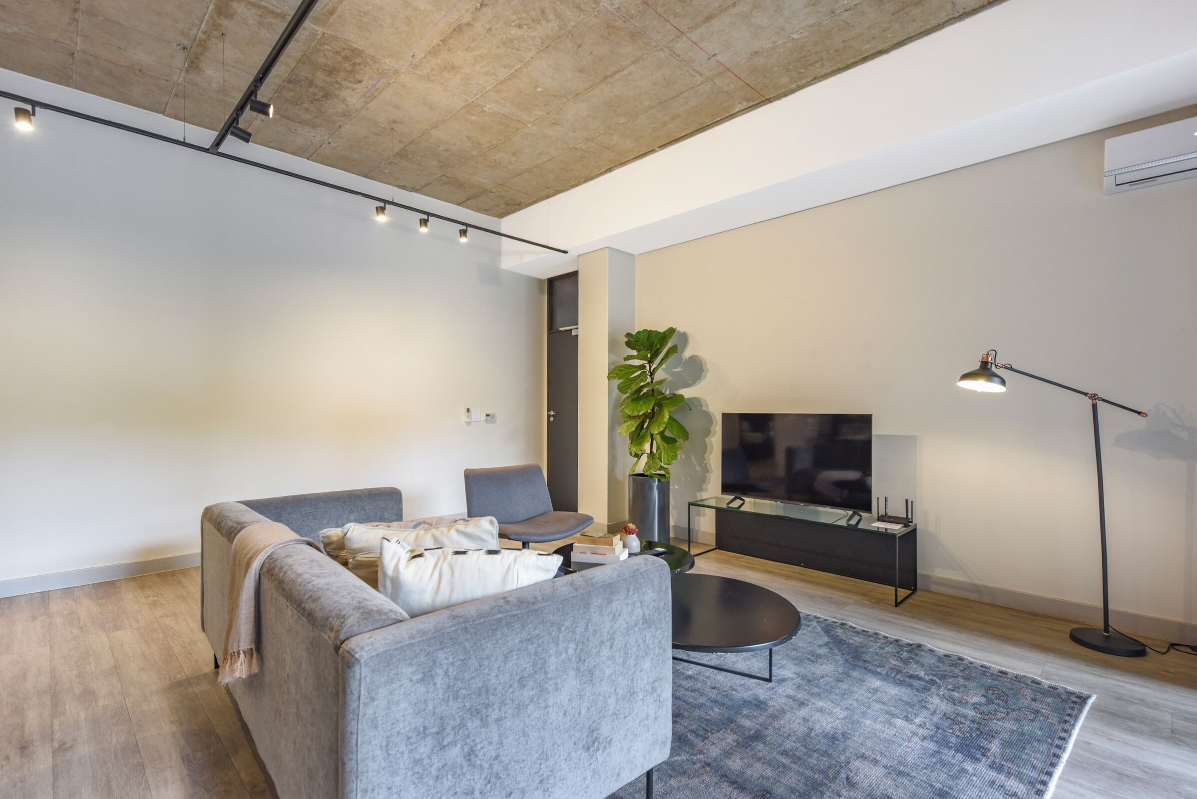 Un salon moderne avec un canapé gris, une table basse ronde, un téléviseur posé sur un meuble noir, une lampe sur pied et une plante en pot.