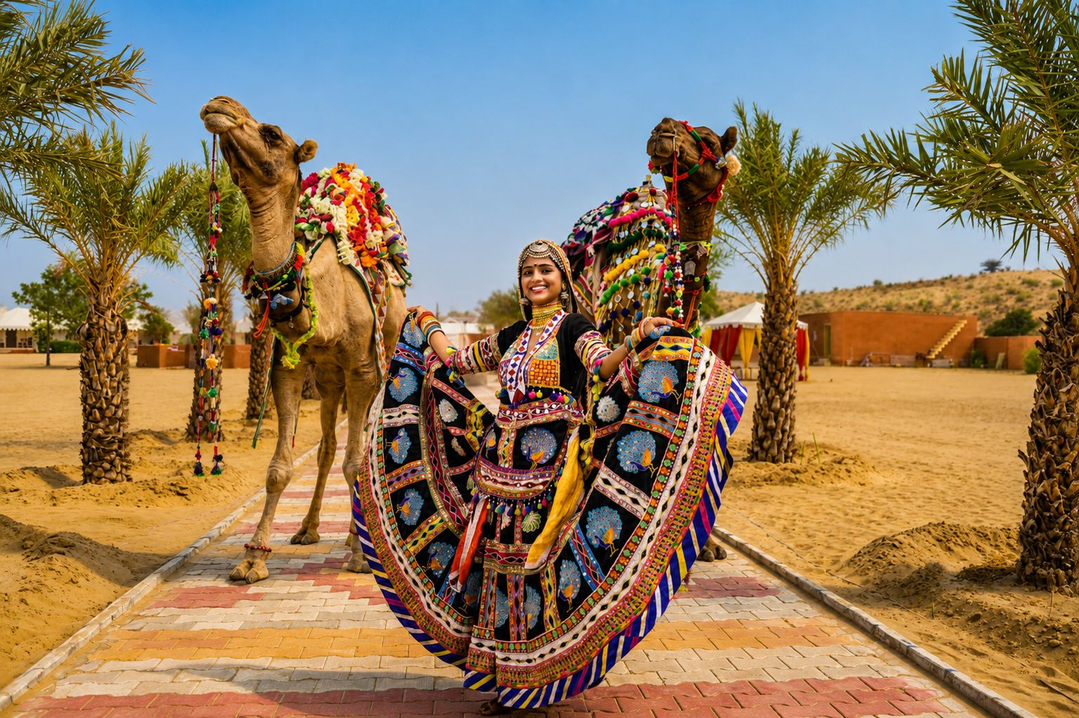 A person in traditional attire with a camel in a desert setting.