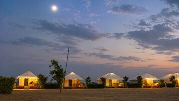 Yurts with a single room layout, arranged in a row with a clear view of the sky.