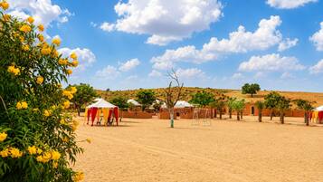 A desert landscape with tents and sparse vegetation.