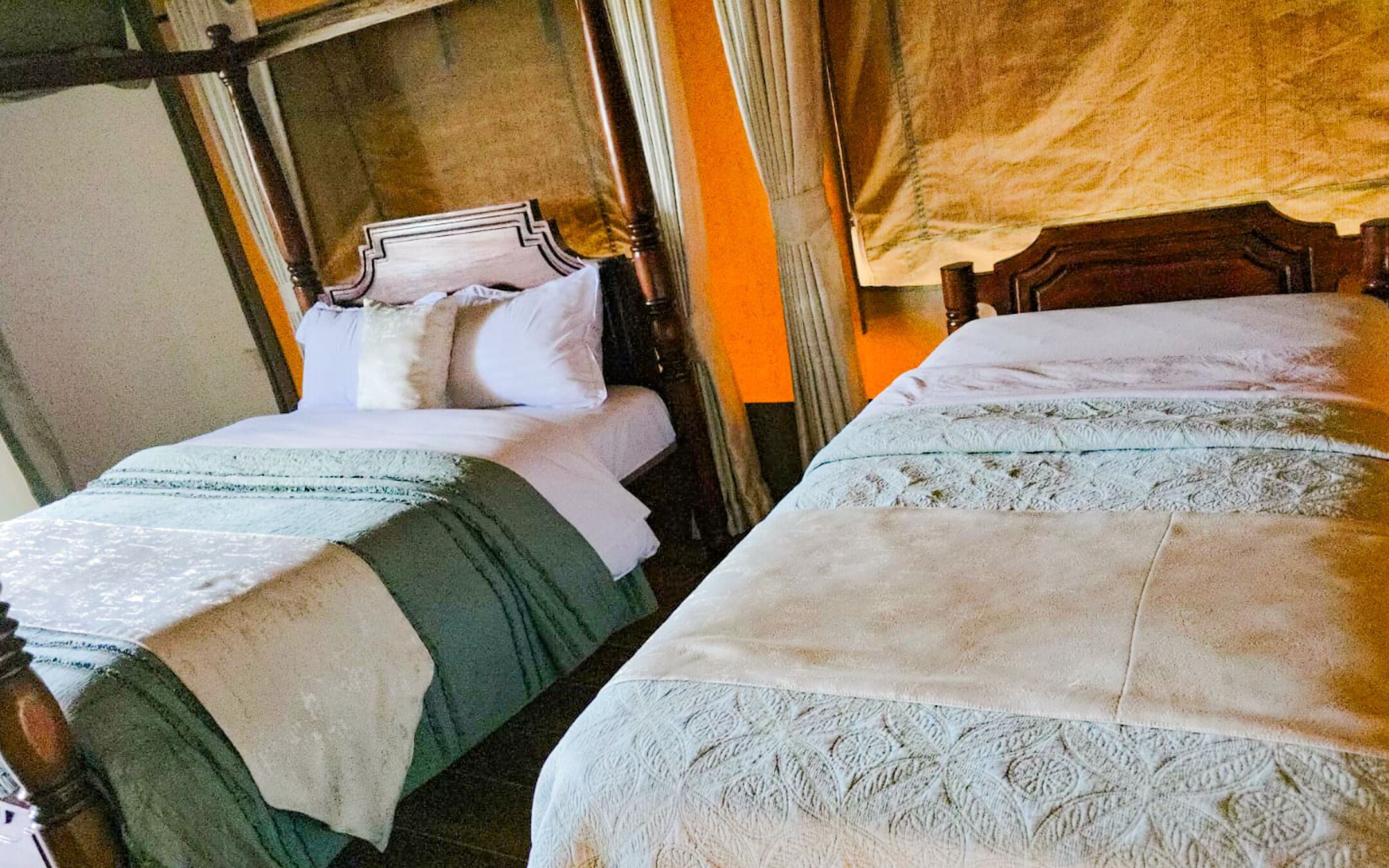 A room with two beds, each with a wooden headboard and a white bedspread.