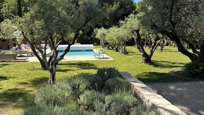 A pool area with a clear blue sky, surrounded by olive trees and a well-maintained lawn. - Escape to Elegance -Wonderful Mas Provencal in the heart of the Alpilles (Saint Etienne du Grés)