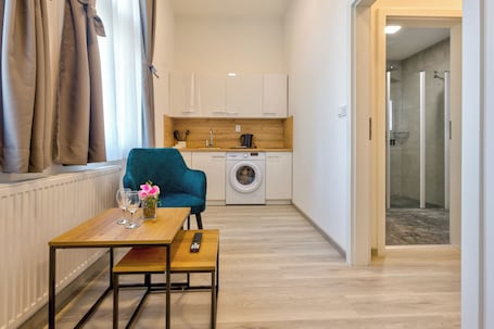 Frigobar, placa de cocina, utensilios de cocina