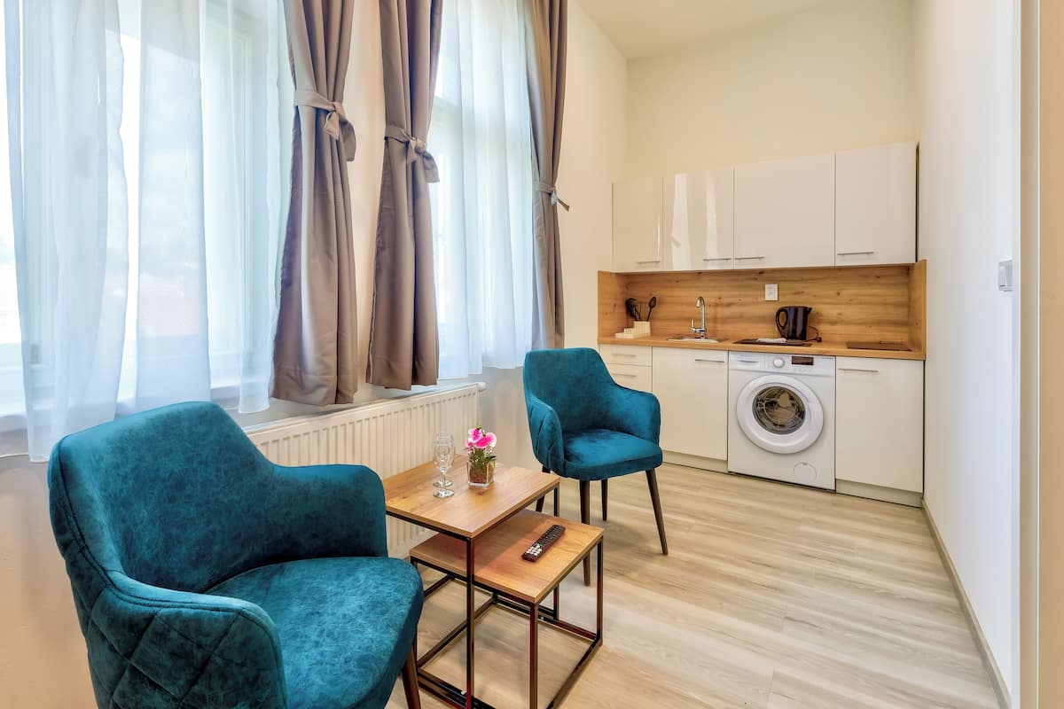 A modern living room with two teal armchairs, a wooden coffee table, and a small table with a remote control. A kitchen area with a washing machine and wooden cabinets is visible in the background.