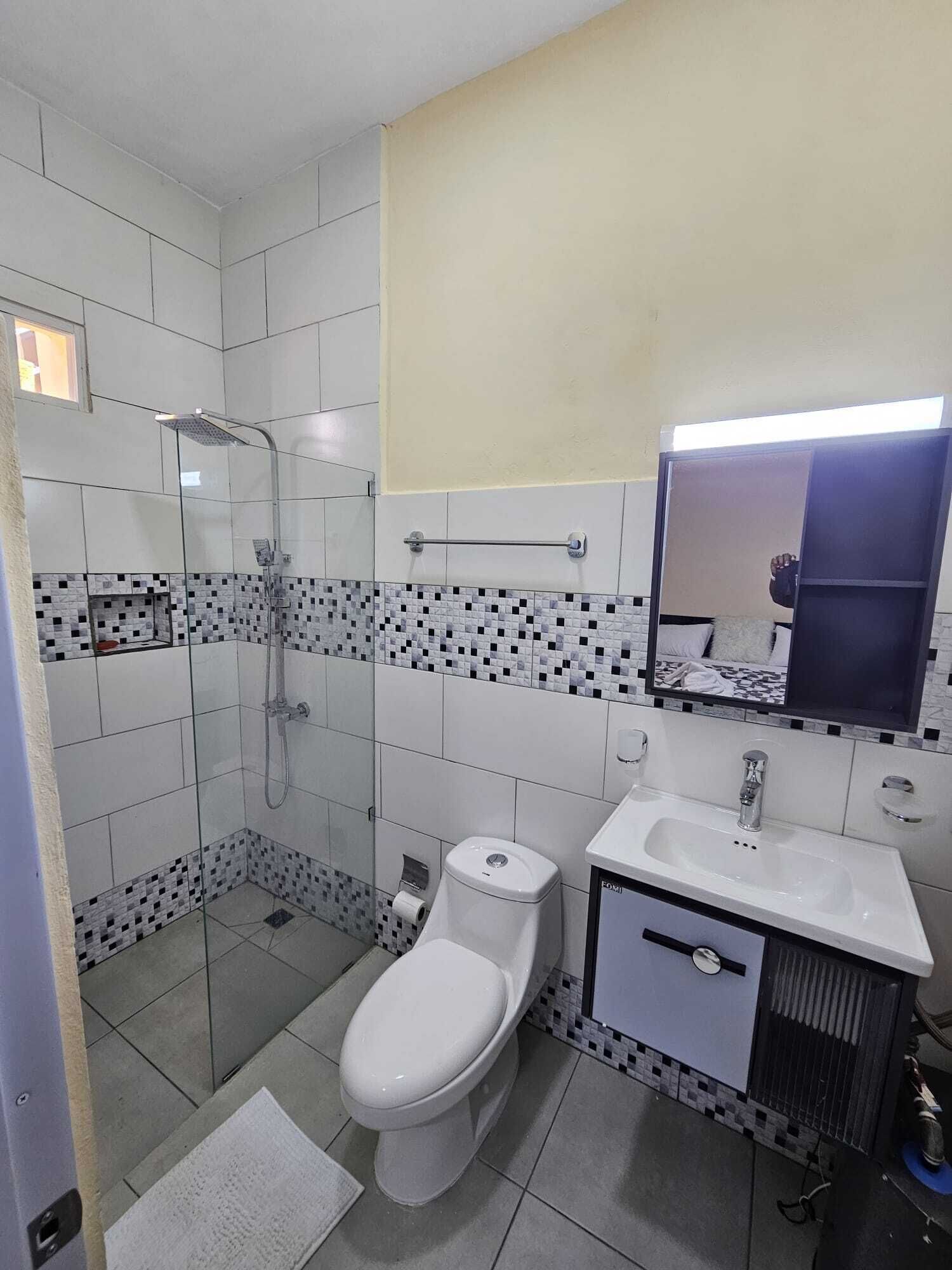 Un bagno moderno con doccia a vetro, un water bianco e un lavandino con uno specchio sopra.