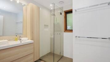 Shower, towels, soap, shampoo