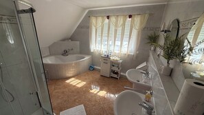 Shower, jetted tub, hair dryer, bidet