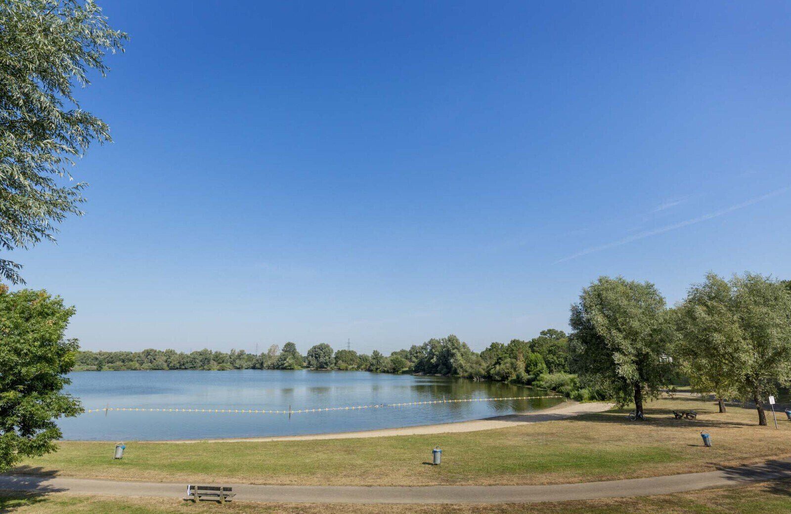 Un parque junto al lago con un banco, árboles y cielo despejado.