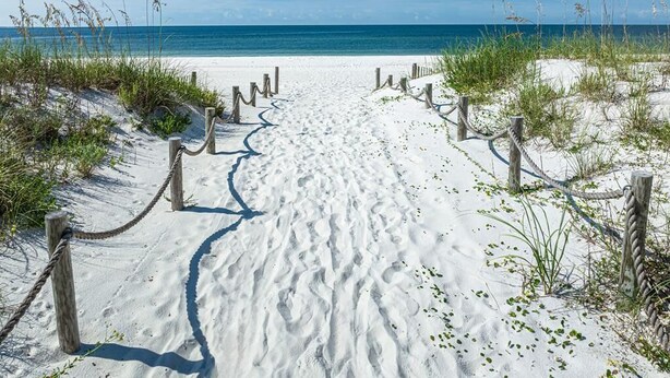 A sandy beach path with wooden posts and ropes, leading to the ocean. - Huge beach-side townhouse located steps to the sand in Mexico Beach! (Mexico Beach)