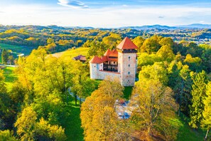 Um castelo com uma torre, rodeado por árvores e campos verdes exuberantes.