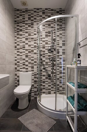 Shower, hair dryer, towels, soap