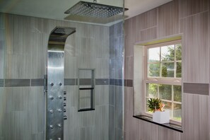 Shower, hair dryer, towels, soap