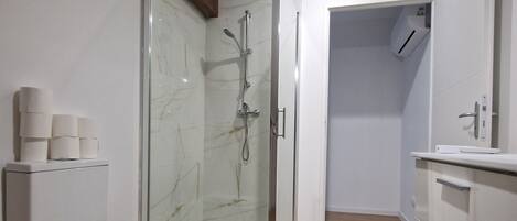 Shower, hair dryer, towels, soap