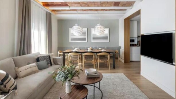 Una sala de estar moderna con un sofá, una mesa de centro y un comedor.