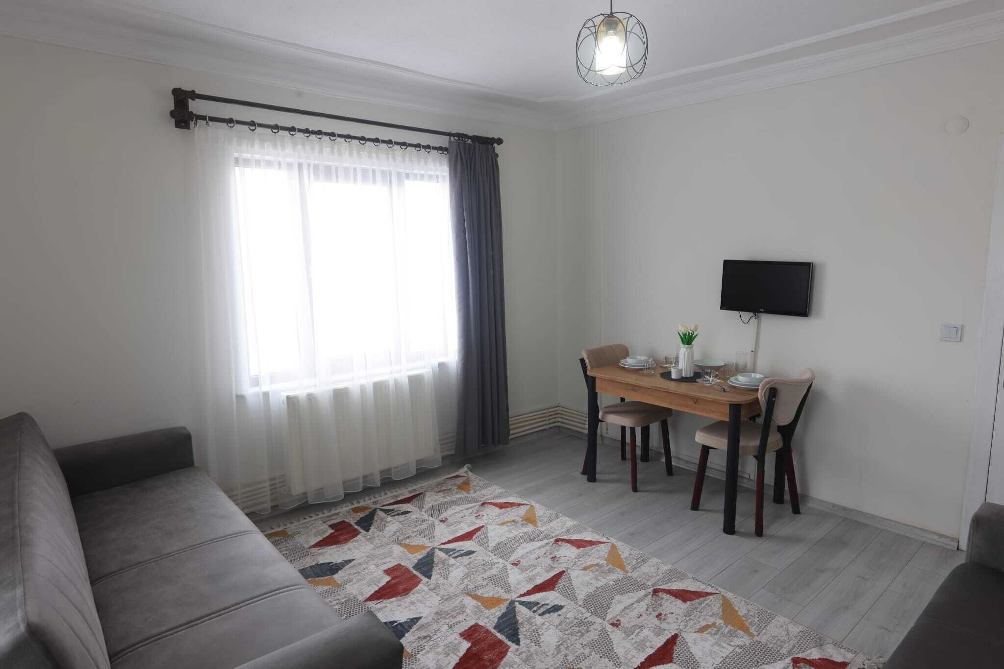 Ein Wohnzimmer mit grauem Sofa, einem Esstisch mit Stühlen, einem an der Wand befestigten Fernseher und einem gemusterten Teppich.