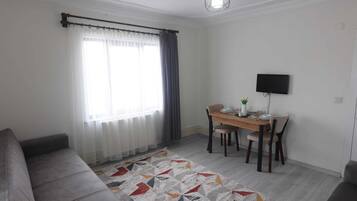 Ein Wohnzimmer mit grauem Sofa, einem Esstisch mit Stühlen, einem an der Wand befestigten Fernseher und einem gemusterten Teppich.