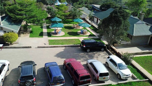 A parking lot with several cars, a grassy area with umbrellas, and buildings with green roofs.