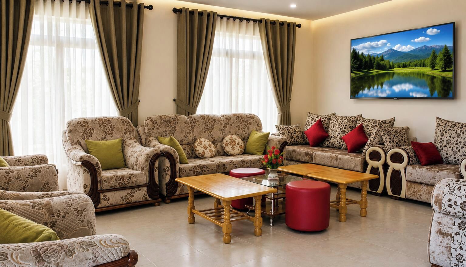 Sala de estar com sofás estampados, mesa de centro de madeira e um quadro de uma paisagem.