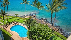 A pool with a view of the ocean and palm trees.