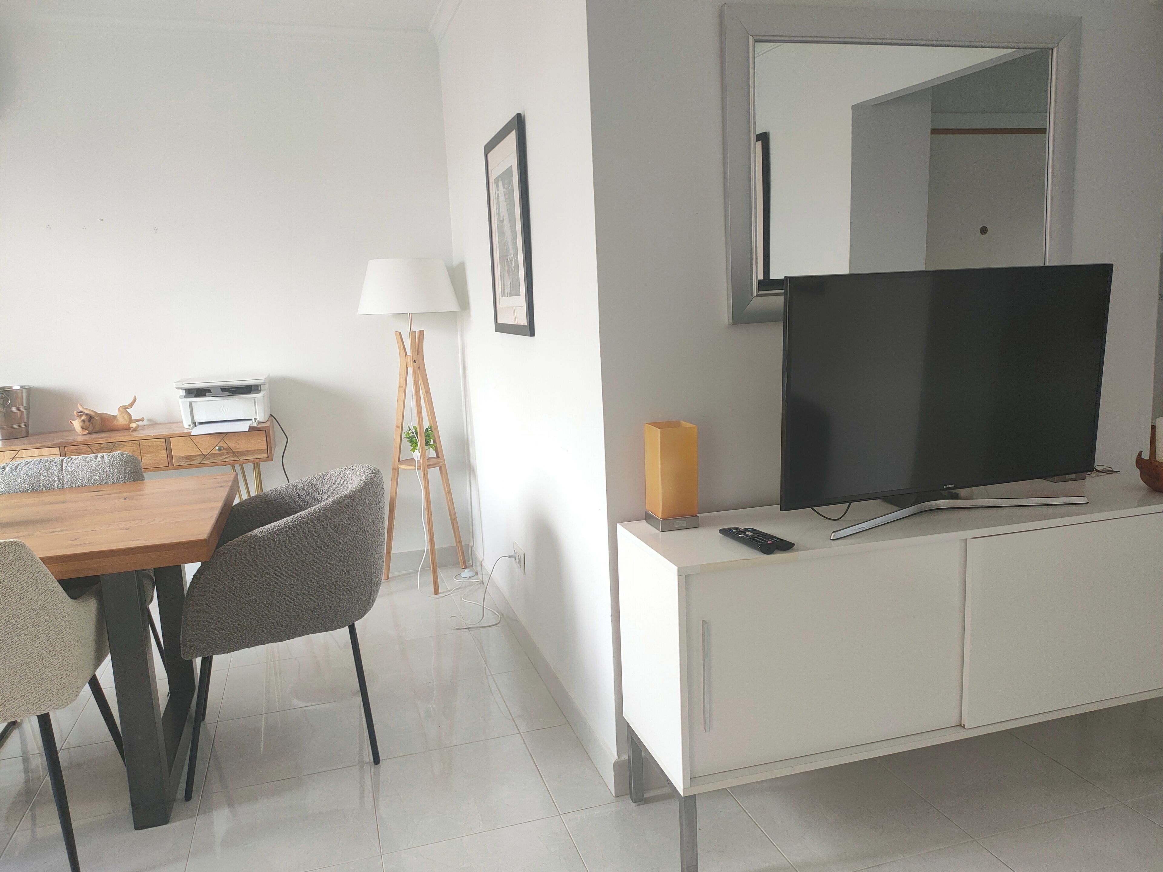 A modern living room with a dining area, a flat-screen TV, a lamp, and a small plant.
