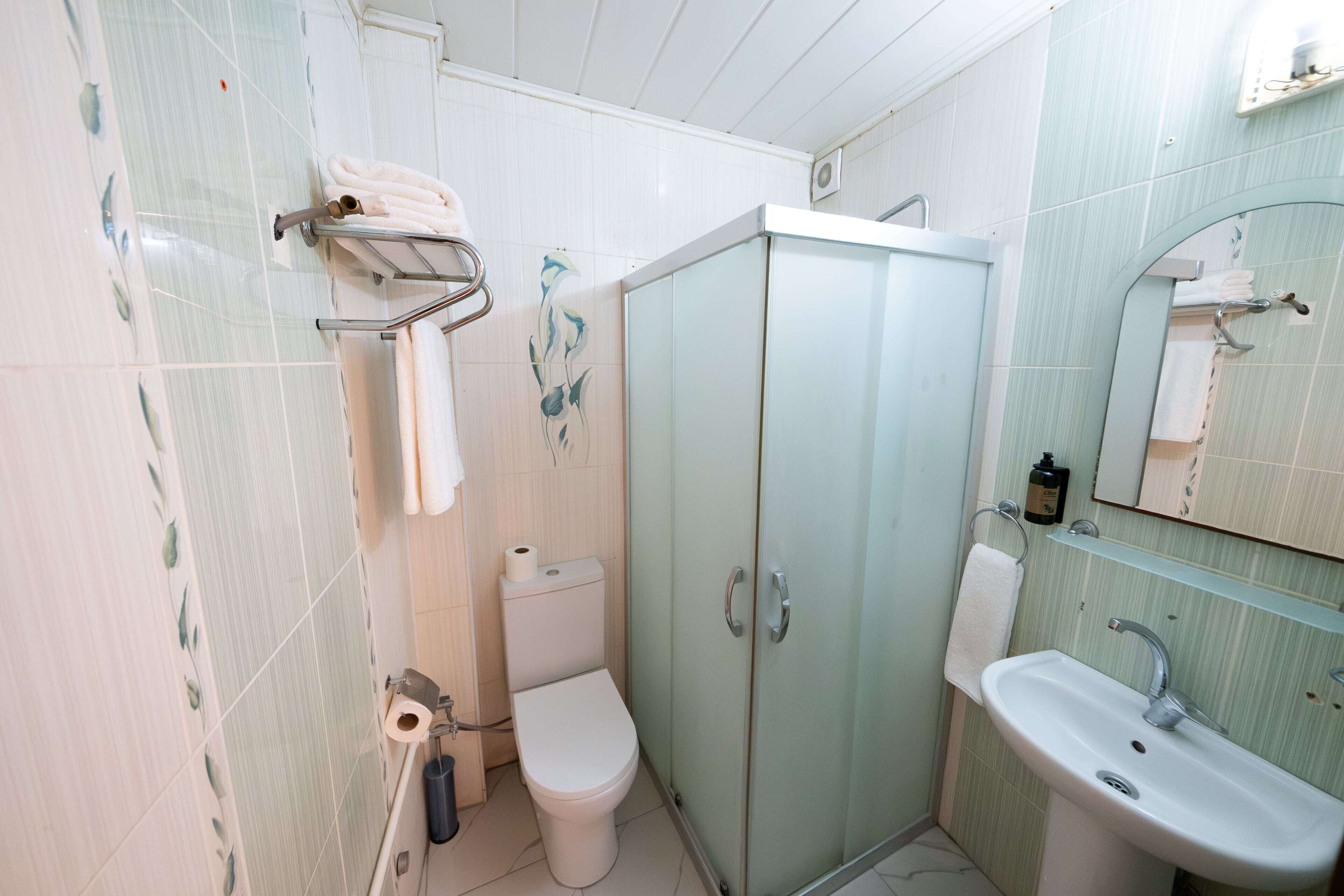 Shower, free toiletries, hair dryer, towels