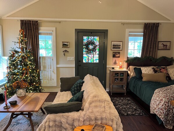 Smart TV, fireplace, books