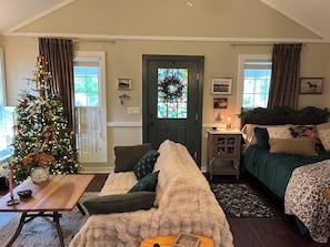 Smart TV, fireplace, books